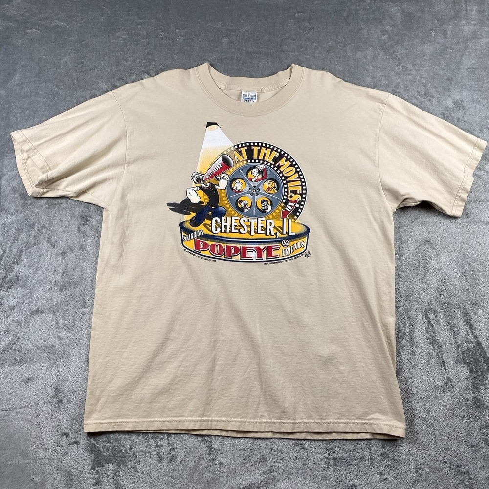 Vintage Popeye & Friends‎ Shirt Mens XL Tan Chester Illinois At The Movies Y2K